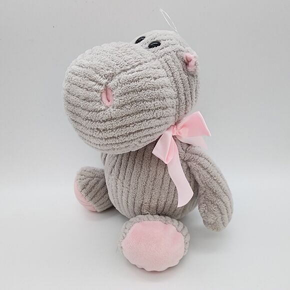 Burton + Burton Corduroy Ribbed Hippo Plush 12” Gray Pink Bow Stuffed Animal Toy - Picture 4 of 13